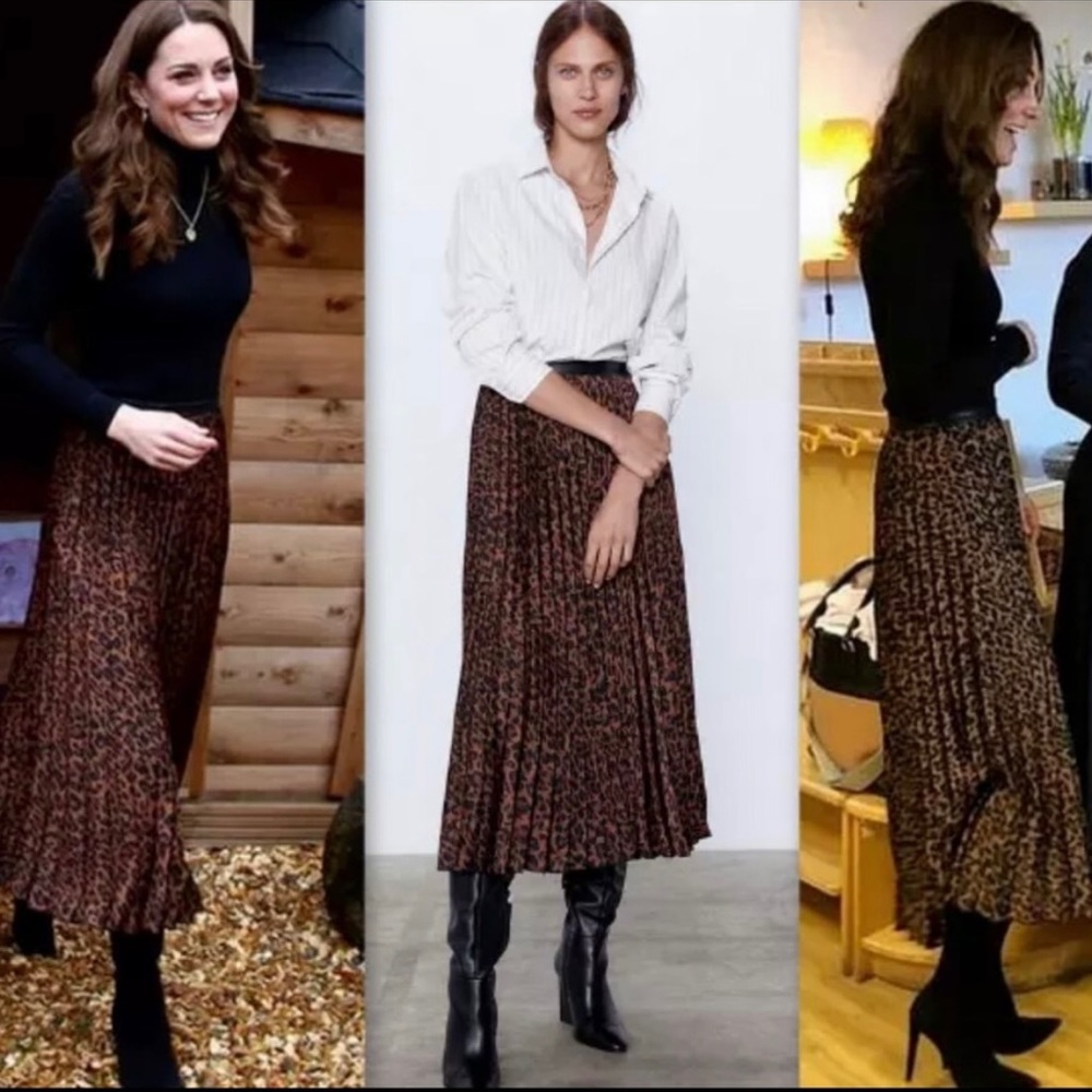 Zara leopard skirt. Small. Pleated. Faux leather waist band.